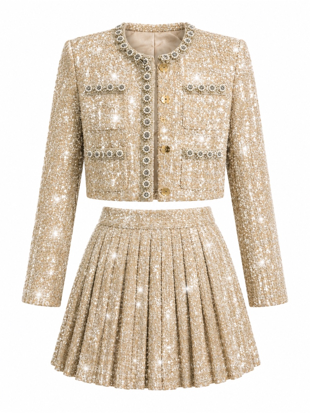 Gold Tweed Pleated Skirt Set – Cropped Jacket & Skirt